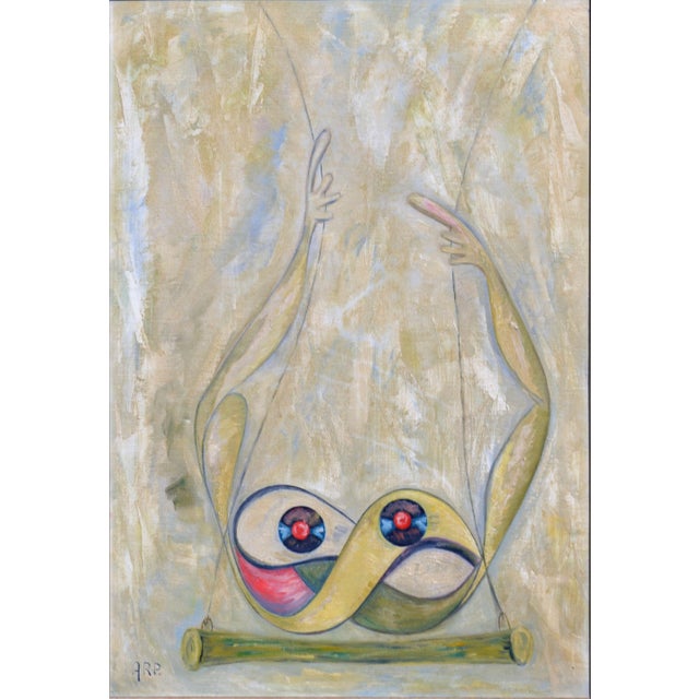 Fanciful mid-century modern abstract of trapeze artists by Brooklyn artist Hilda Dora Pape Arp (b. 1909). This 1962 highly...