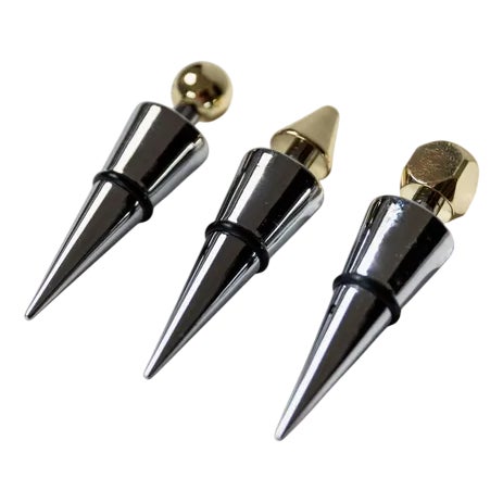 Vintage Geometric Conical Bottle Stoppers in Metal with Gilt Tops, Italy, 1980s, Set of 3 For Sale