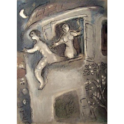 Original lithograph by Marc Chagall from The Bible of 1960 "David sauvé par Mical" Unsigned 35 x 26 cm Excellent condition...