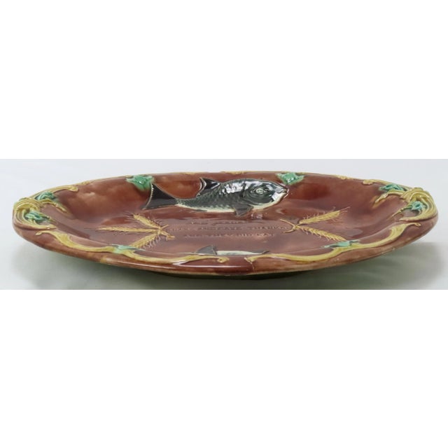 Ceramic Antique Victorian Majolica Bread Serving Tray With Unusual Fish & Wheat Motif & Religious Motto For Sale - Image 7 of 13