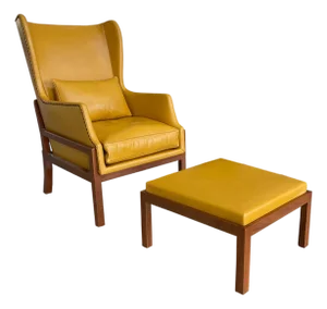 Mid-Century Wingback Armchair With Ottoman in the Style of Mogens Koch
