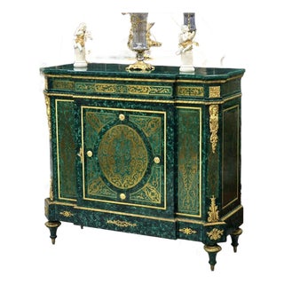 French Louis XVI Green Cabinet With Lock, Bronze Accents & Gold Leaf Details For Sale