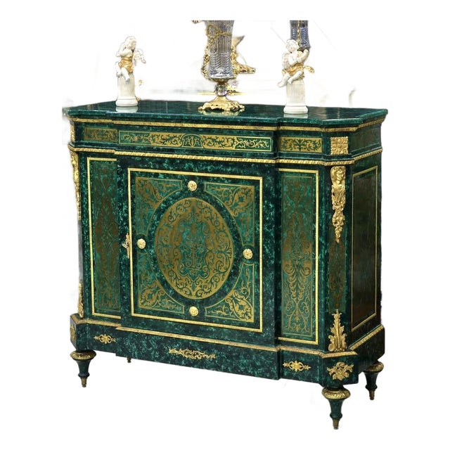 French Louis XVI Green Cabinet With Lock, Bronze Accents & Gold Leaf Details For Sale