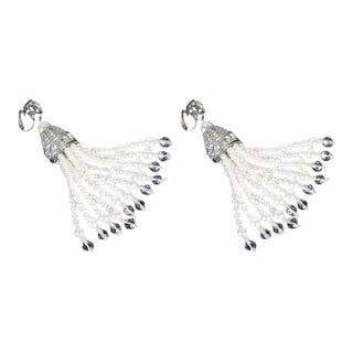 Late 20th Century Kenneth Jay Lane Silver, Faux Pearl, Cz & Crystal Tassel Statement Earrings - 2 Pi For Sale