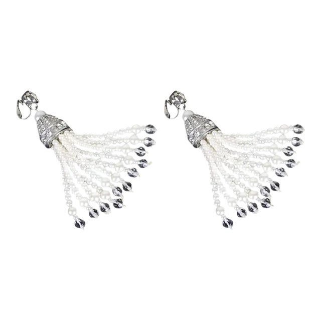 Late 20th Century Kenneth Jay Lane Silver, Faux Pearl, Cz & Crystal Tassel Statement Earrings - 2 Pi For Sale