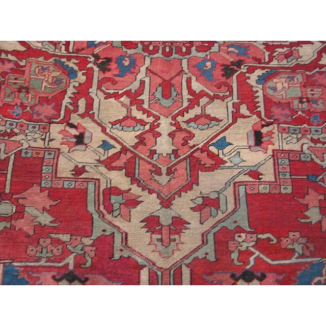 19th Century Charming Red Background Color Geometric Design Antique Persian Heriz Serapi Rug For Sale - Image 5 of 6
