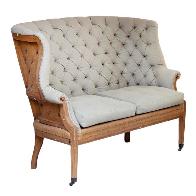 A Charming Vintage DECONSTRUCTED 19TH C. ENGLISH WING SETTEE, by Restoration Hardware In Light Grey material in front and...