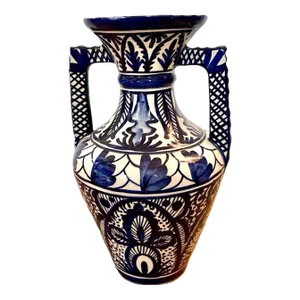1930s French Hand-Painted Blue & White Terracotta Pot / Vase