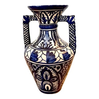1930s French Hand-Painted Blue & White Terracotta Vase | Montpellier Pottery For Sale