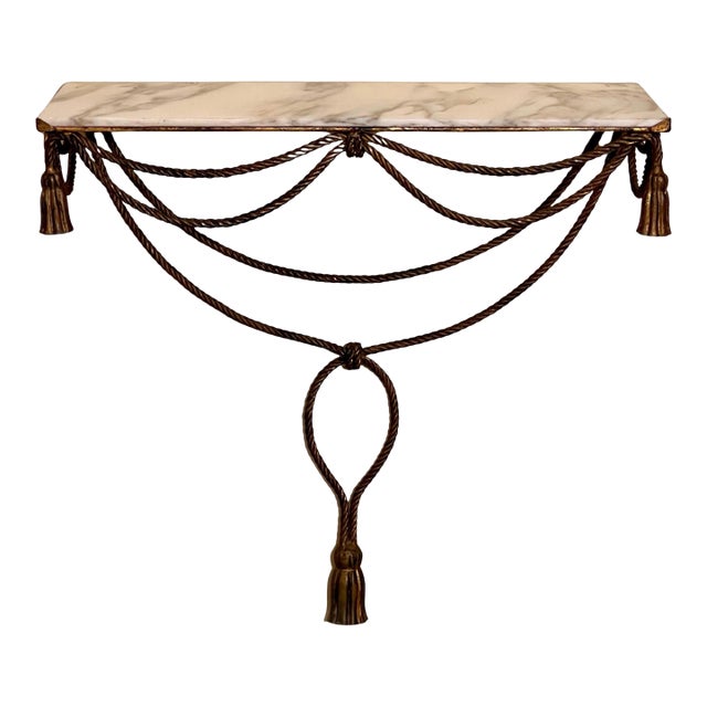 Italian Rope and Tassel Gilt Iron Wall Mount Console Table, Marble Top, 1960s For Sale