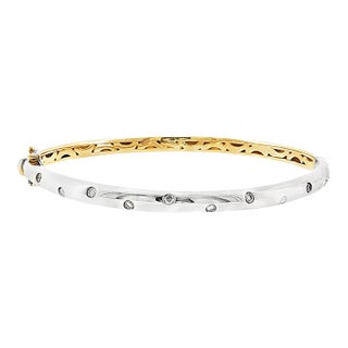 Late 20th Century 14 Karat Two Tone Flush Set Diamond Hinged Bracelet For Sale