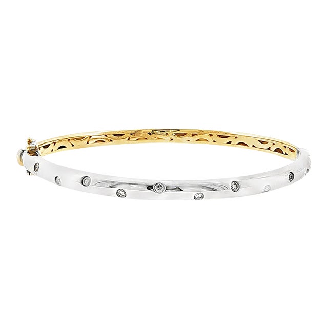 Late 20th Century 14 Karat Two Tone Flush Set Diamond Hinged Bracelet For Sale
