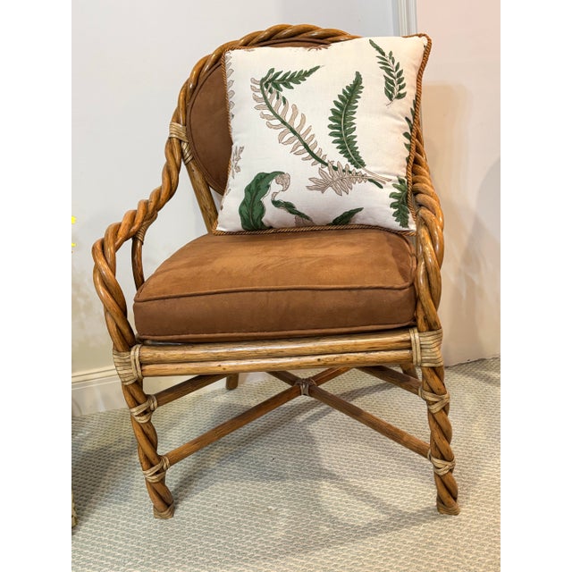 6 McGuire, Refurbished, Twisted “Barley” Bamboo/Rattan Chairs. Upholstered in a Rich, Warm Faux Suede Performance Fabric. For Sale In West Palm - Image 6 of 12