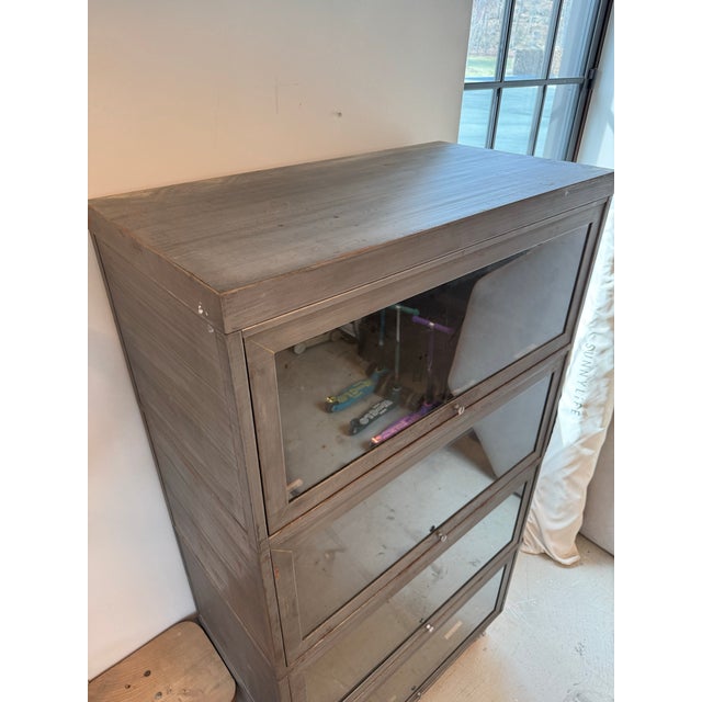 Vintage Industrial Steel Barrister Cabinet on Casters With Glass Lift Doors For Sale - Image 4 of 6