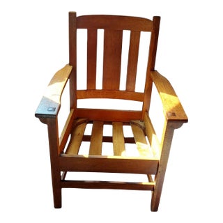 1910s Charles P. Limbert Mission Oak Slatted Arm Chair, Grand Rapids Signed For Sale