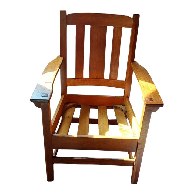 1910s Charles P. Limbert Mission Oak Slatted Arm Chair, Grand Rapids Signed For Sale