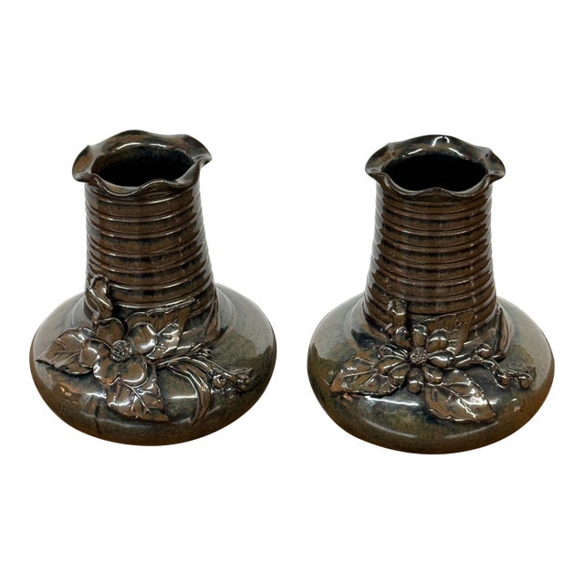 Maitland-Smith Glazed Ceramic Floral Vases, Pair For Sale