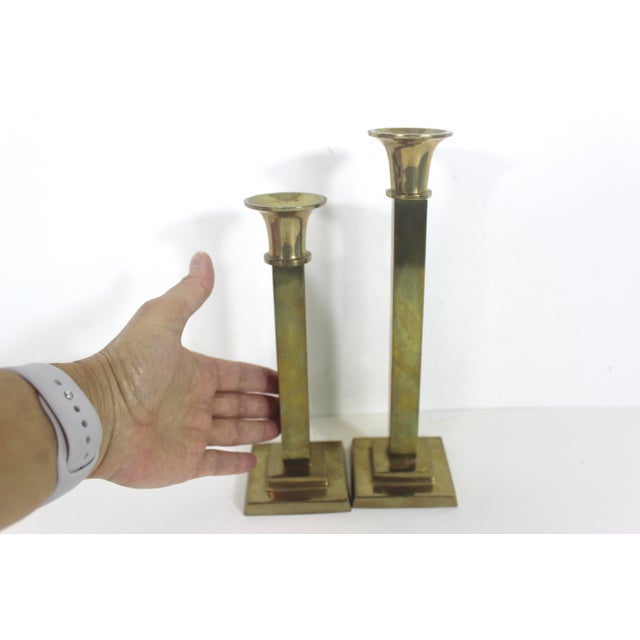Set of Two Vintage Brass Candle Holders, Candle Sticks, Pair of Candleholders, 2 Tall Candlesticks Square For Sale - Image 6 of 7
