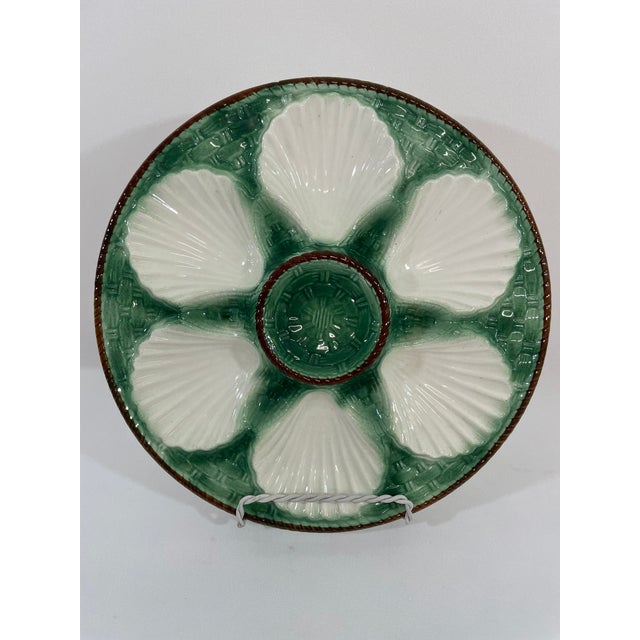 Green Antique 1920s French Longchamp Majolica Green and White Oyster Plate For Sale - Image 8 of 13