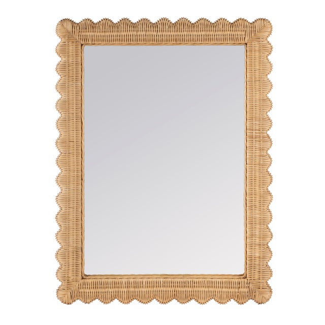 Glass Flora 30 in. W x 40 in. H Rectangular Rattan Scalloped Edge Wall Mirror, Natural Rattan For Sale - Image 7 of 7