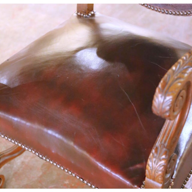 Pair of 19th Century French Louis XIII Walnut Armchairs With Embossed Leather For Sale In Dallas - Image 6 of 14
