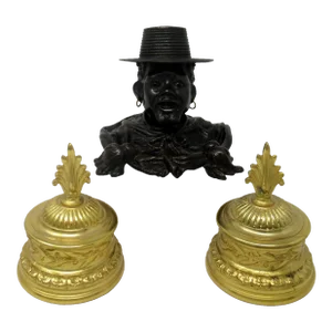 Antique Chinese Japanese Bronze Inkwell Male Bust Pair French Ormolu Desk Set