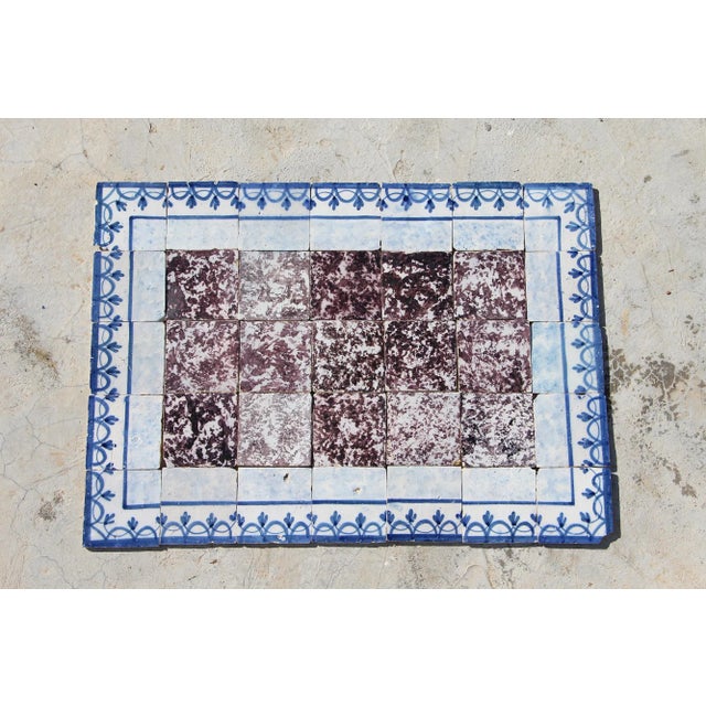 18th Century Tile Mural Panel, Aubergine Spongeware Surrounded by Blue & White Flowers - 35 Pieces For Sale - Image 13 of 13