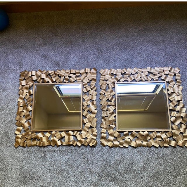 Contemporary Gold-Tone Messed Metal Wall Mirror 2 Modern Capulin Mirrors, Horchow Style- Set of 2 For Sale In Sacramento - Image 6 of 8