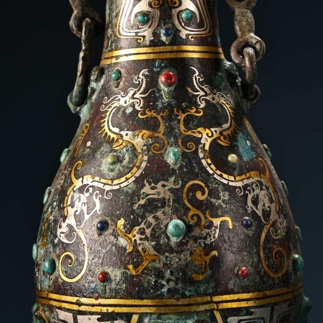 1950s Antique Chinese Bronze Vase With Gold & Silver Inlay, Gemstones & Chain Handle For Sale - Image 5 of 10