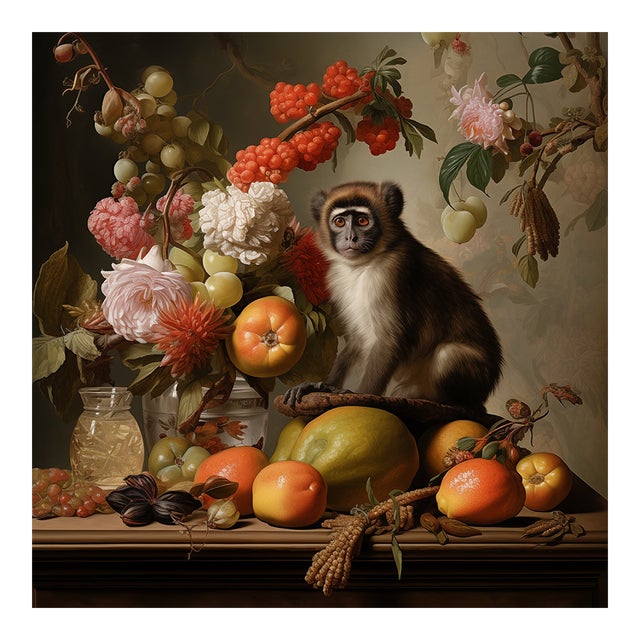 30' X 30' Collector Fine Art Print 'Still Life With Fruits, 'Flowers and Monkey', Unframed For Sale