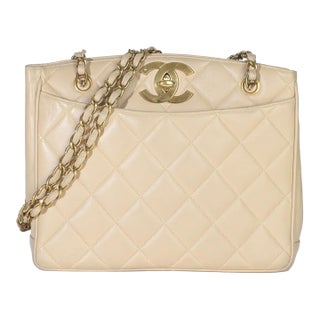 Vintage Beige Quilted Lambskin CC Shoulder Tote For Sale