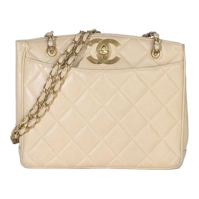 Vintage Beige Quilted Lambskin CC Shoulder Tote For Sale
