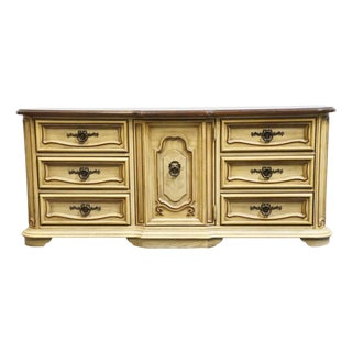Stanley Furniture Solid Pecan Antiqued Yellow Cream Painted Mediterranean 73" Triple Door Dresser 4723-05 For Sale