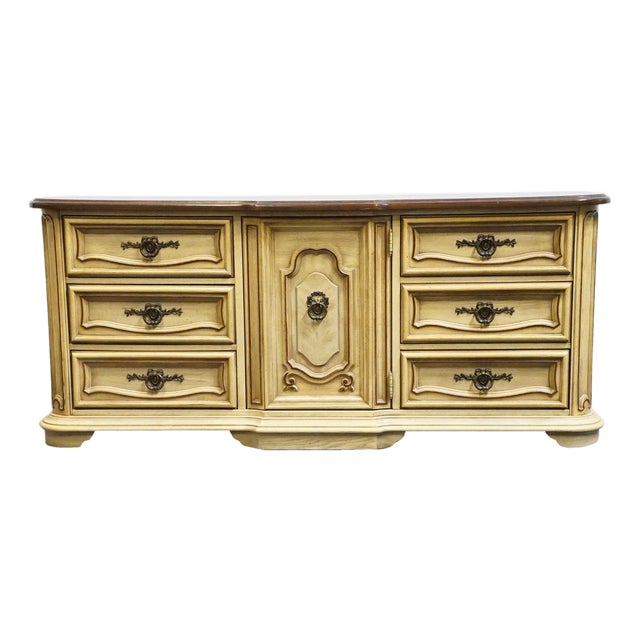 Stanley Furniture Solid Pecan Antiqued Yellow Cream Painted Mediterranean 73" Triple Door Dresser 4723-05 For Sale