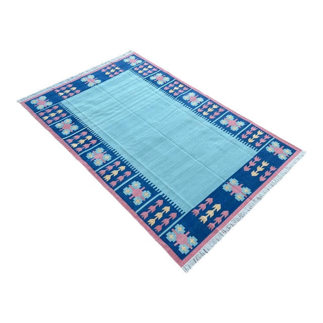 Not Yet Made - Made To Order Handmade Cotton Natural Vegetable Dyed Reversible Green Blue Pink Leaf Pattern Rug Dhurrie - 9'x12' For Sale