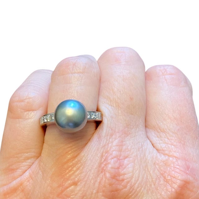 Mikimoto 18k White Gold Silver Akoya Pearl and Diamond Ring, Size 6.5 For Sale - Image 11 of 11