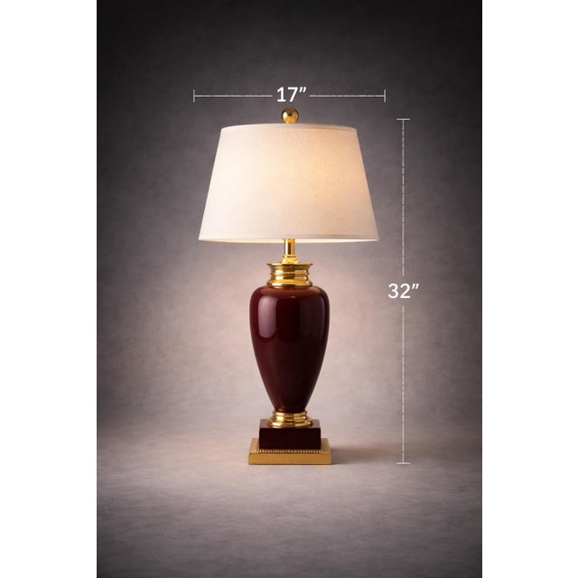 A striking Hollywood Regency table lamp featuring a deep burgundy metal urn body with polished brass accents and dramatic...