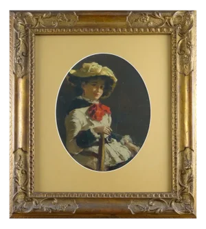 Egisto Lancerotto, Portrait of Young Girl with Red Bow, 1900, Oil on Canvas on Cardboard