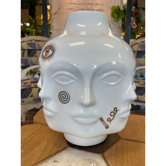Abstract Jonathan Adler Gilded Muse Porcelain Vase--8-Face Gold Motif Sculpture, 12" For Sale - Image 3 of 10