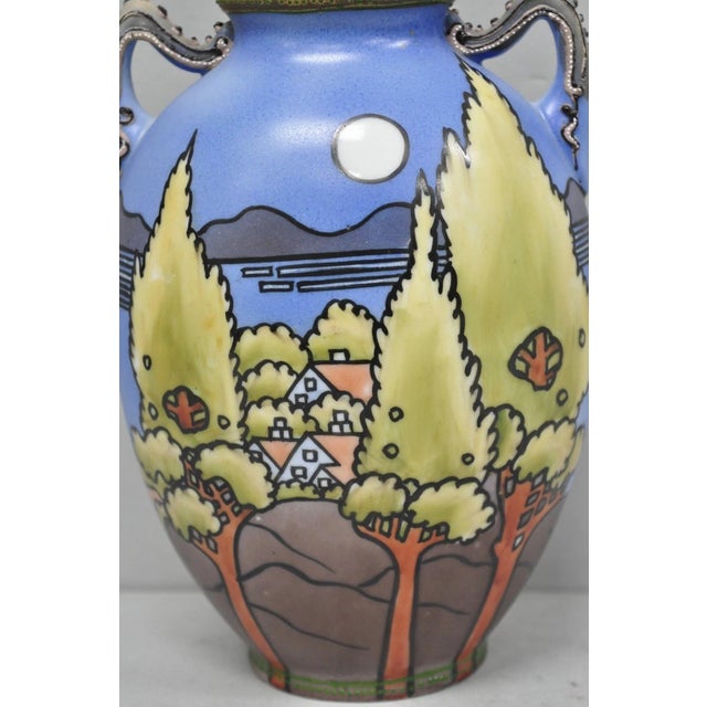 Arts & Crafts Antique Hand Painted Blue Nippon Porcelain Halloween Pattern Twin Handle Vase For Sale - Image 3 of 14