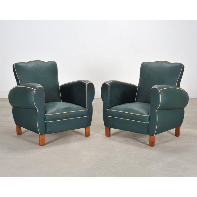 Art Deco Pair of 20th Century French Art Deco Period Green Club Chairs For Sale - Image 3 of 17