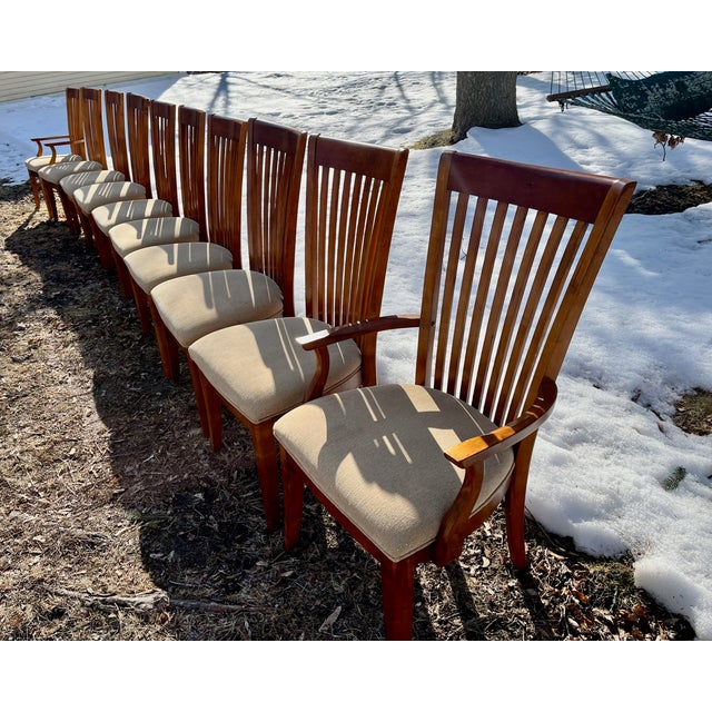 Brown Set 10 Dining Chairs Mission Shaker Amish Style Cherry Wood Slat Backs 2 Arms 8 Sides. For Sale - Image 8 of 8