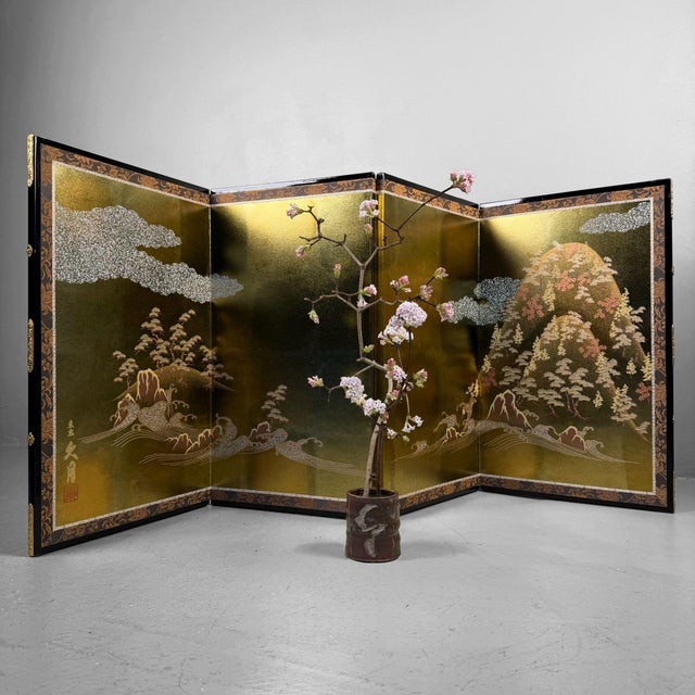 This compact Japanese byōbu folding screen was made as a refined backdrop for ceremonial and seasonal displays, and it...