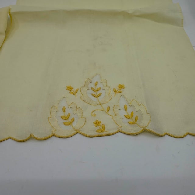 Textile Pair Vintage Embroidered Pale Yellow Madeira Linen & Organza Fingertip Towels For Sale - Image 7 of 15