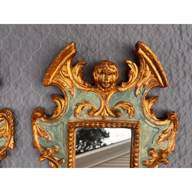 Late Nineteenth Century Italian Rococo Hand Carved Wood Gilded Gold Ornate Florentine Mirrors With Cherubs and Lions, a Pair For Sale - Image 4 of 12
