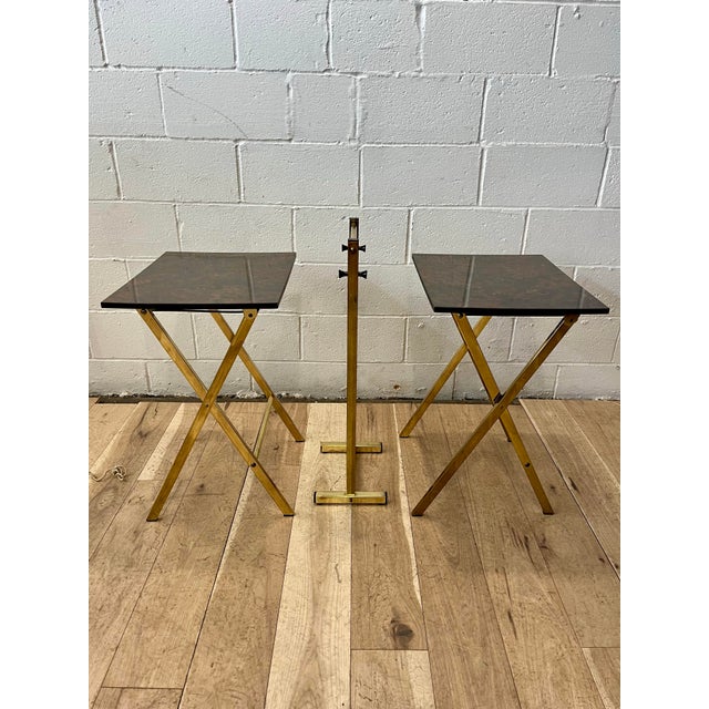 Mid-Century Modern Vintage Set of Brass and Faux Tortoise Snack Tables With Stand For Sale - Image 3 of 10