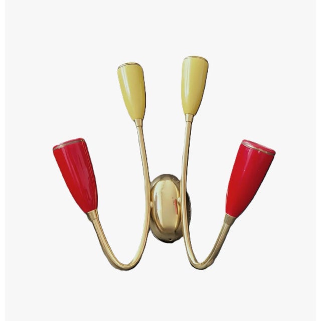 1960s 50s 60s Sputnik Design Italian Sconces, 4-Arm Color Coated Metal & Polished Brass Lamp For Sale - Image 5 of 12
