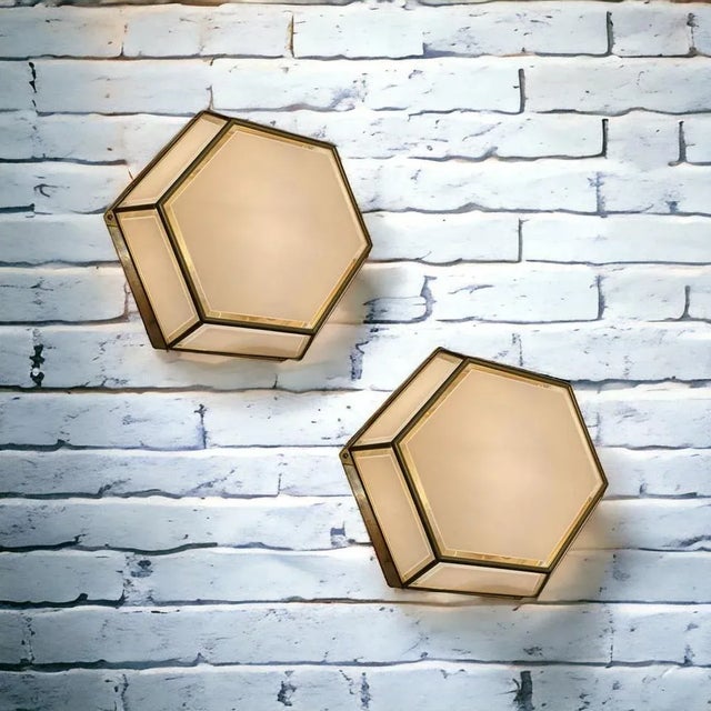 Hexagonal Brass Glass Sconces, 1980s, Set of 2 For Sale - Image 10 of 11