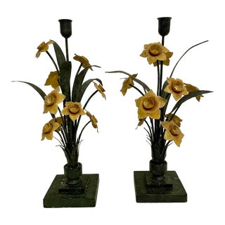 Pair Vintage Floral Italian Tole Painted Candle Sticks For Sale