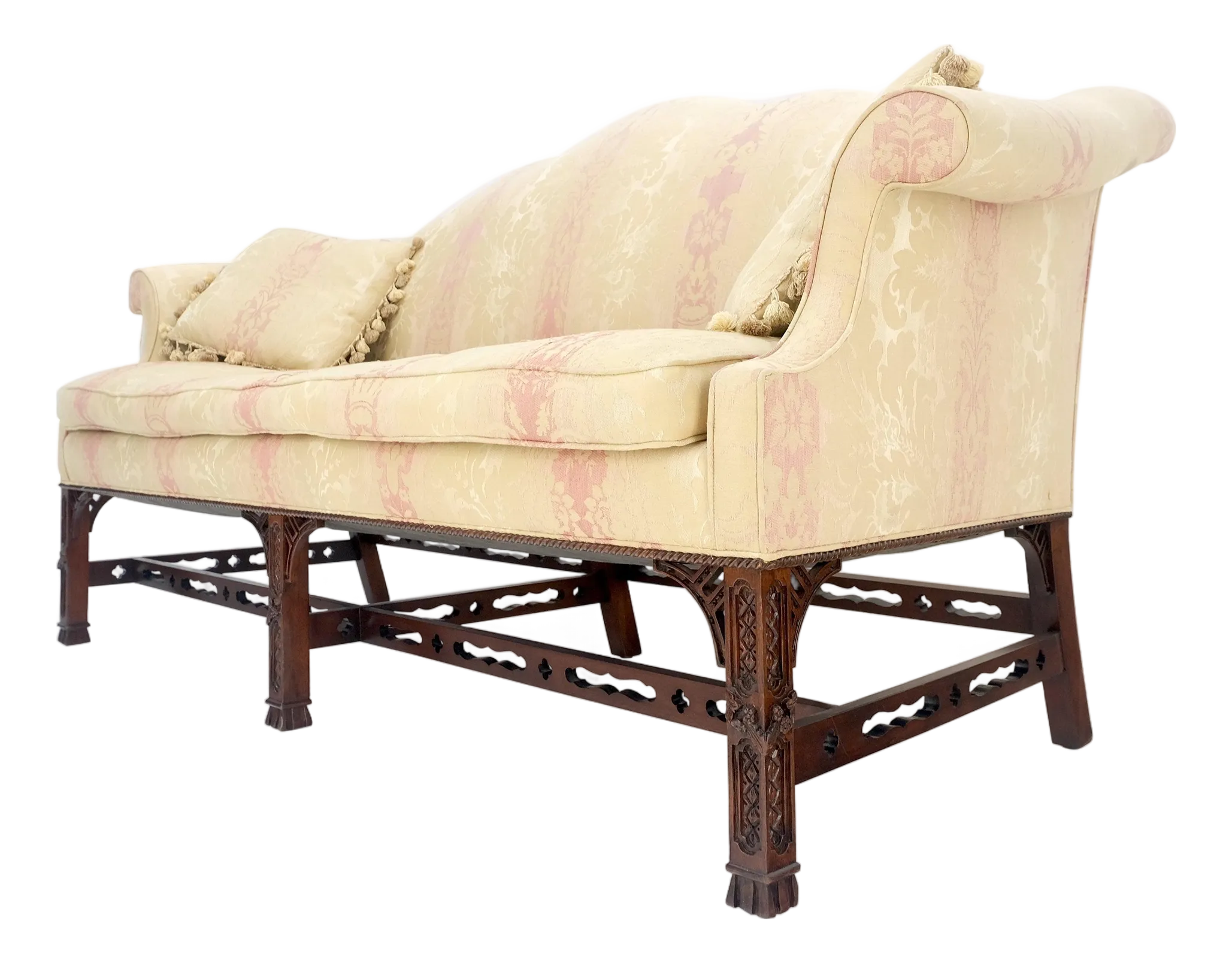 Henredon Camel Back Carved Mahogany Stretcher Base Sofa | Chairish